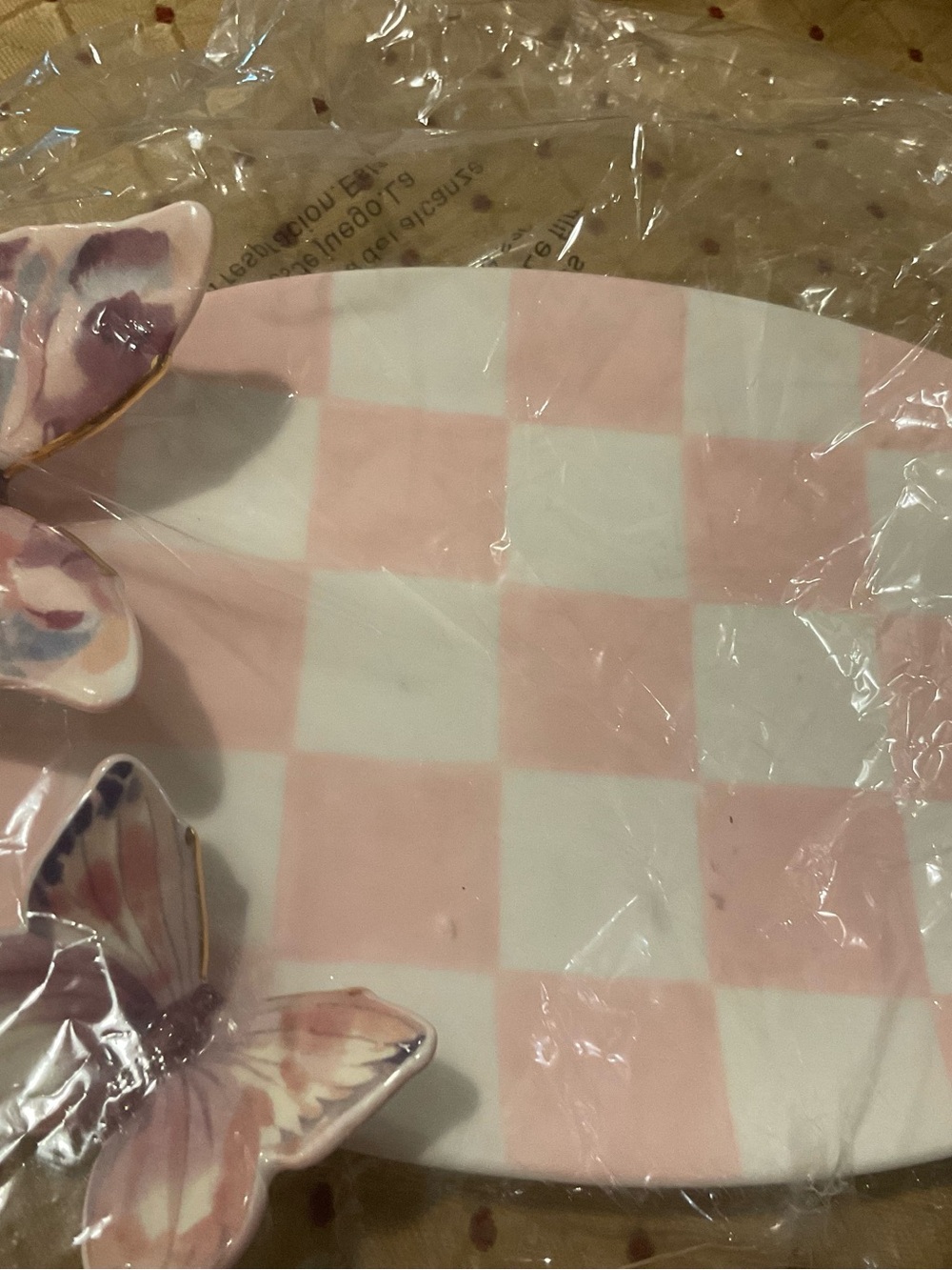 Mackenzie Childs Check Trinket Dish with Pink Butterfly Accents New